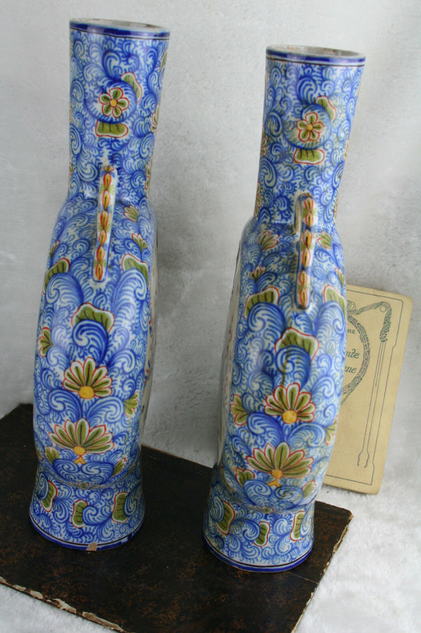 Unusual RARE DELFT marked Kocks Moonflask floral polychrome peacock Vases