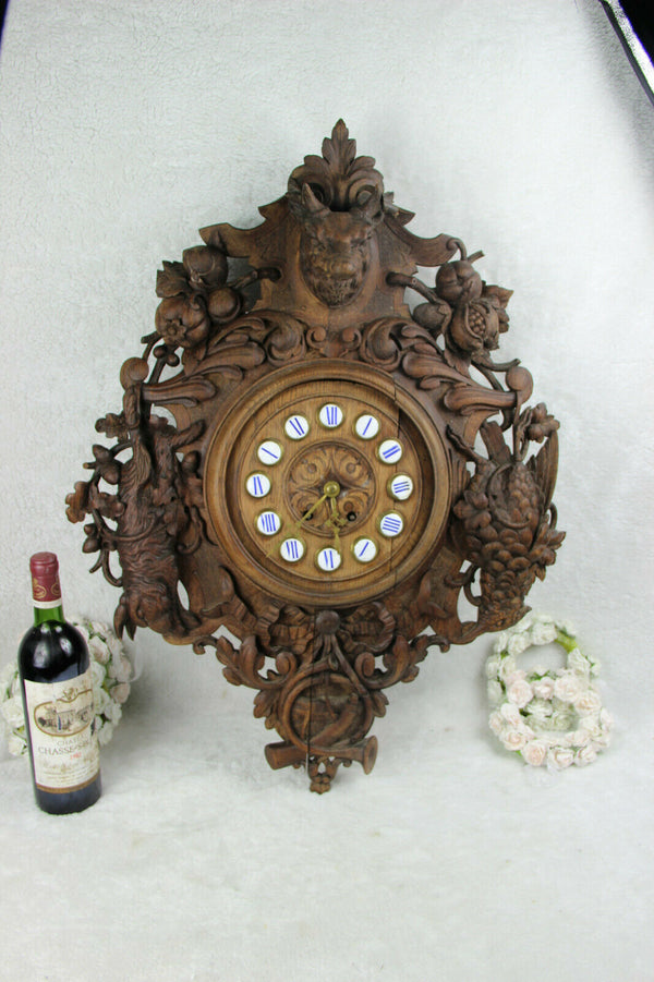 XL Antique BLACK FOREST wood carved wall clock hunt bird deer horn floral