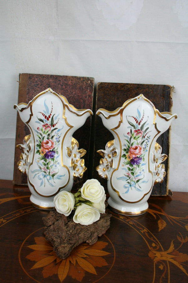 PAIR exclusive French Paris porcelain Cornet Vases 1900 floral