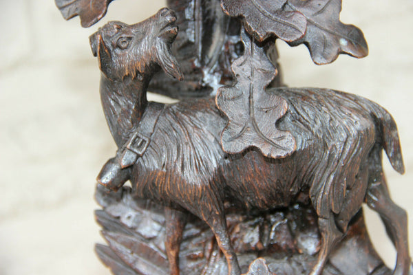 Antique Swiss Black forest wood carved candle holder Statue deer