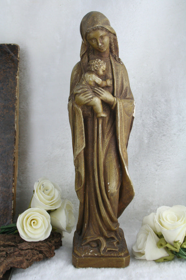Antique Madonna religious plaster statue figurine marked signed 1920