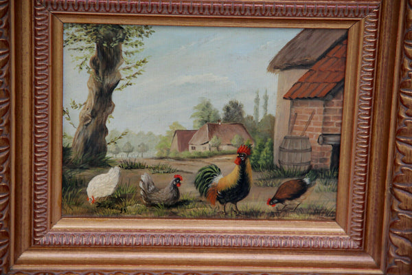 PAIR Flemish oil panel painting chicken rooster animal scene signed