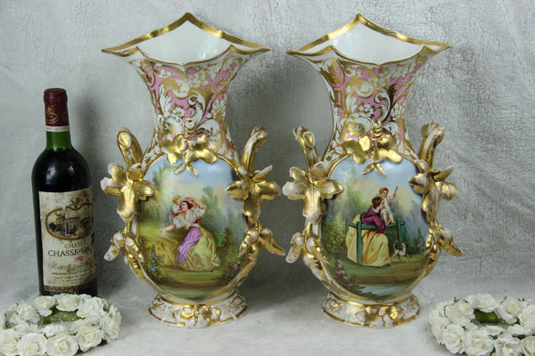 PAIR XL top antique 19thc Vieux old paris romantic lady child dog scene Vases