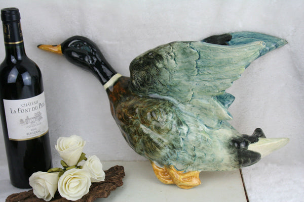 Antique XL French BARBOTINE faience Planter jardiniere wall duck form