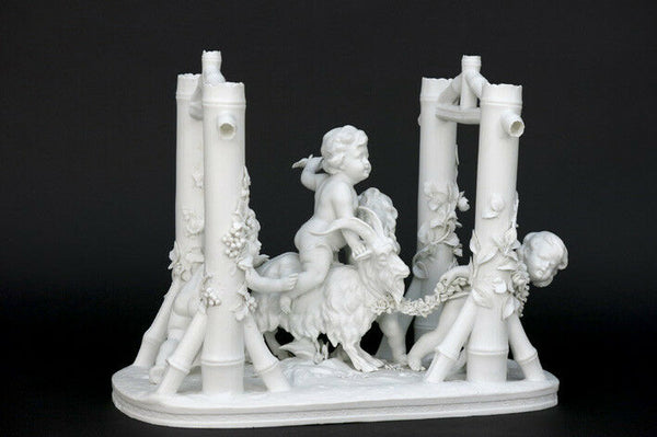 XL Antique French bisque porcelain neo classical putti cherubs ram group columns