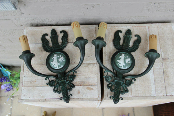 PAIR antique French bronze Wedgwood porcelain plaque wall lights sconces putti