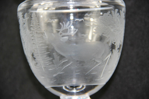 French Crystal Glass etched Hunting deer ducks drageoir sweets box bowl