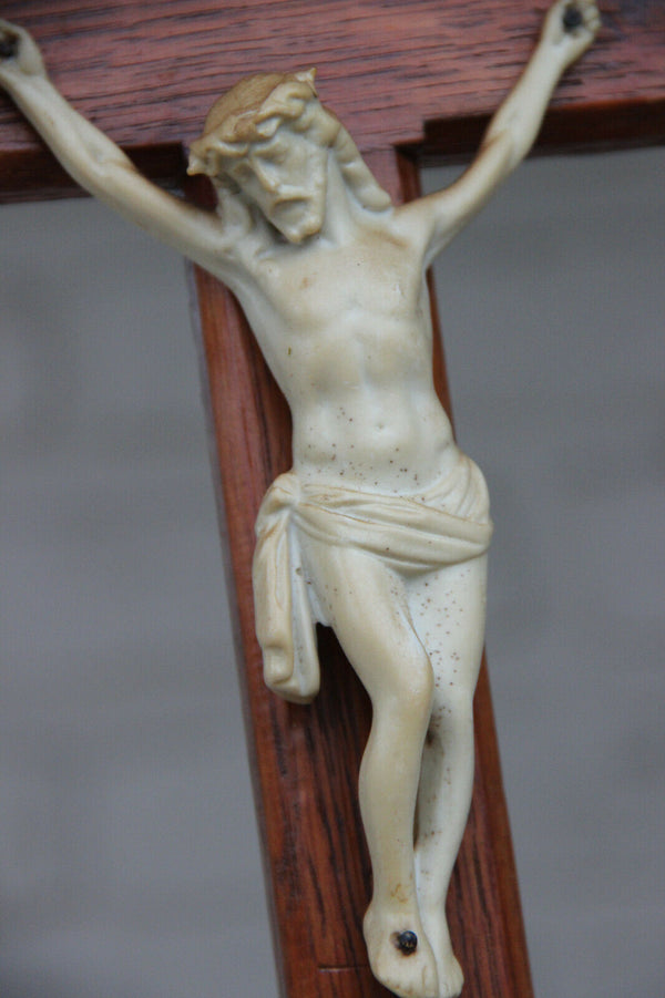 Antique neo gothic wood carved porcelain christ jesus cross religious crucifix