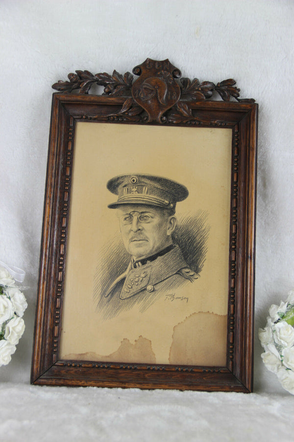 antique Portrait drawing Officer general army WW1 1914-1918 black forest wood