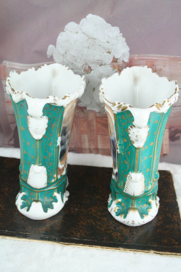 PAIR antique 1900 vieux old paris porcelain Religious Jesus Madonna vases scenes