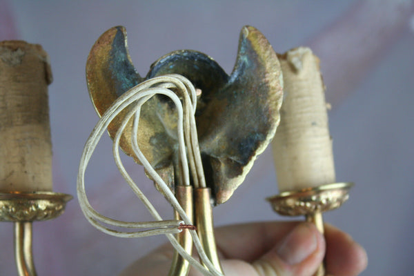 PAIR French brass bronze Wall sconces lamps lights Angels putti cherubs 1930