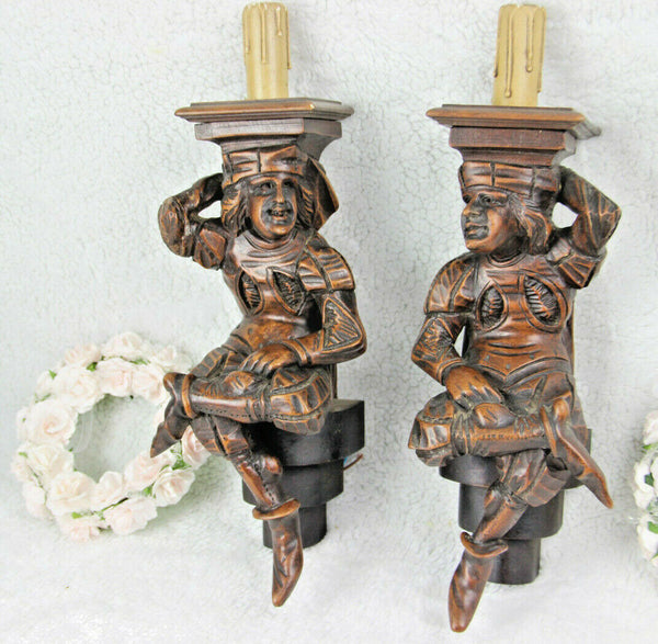 PAIR antique Breton wood carved Figurines couple Wall lights sconces 1930