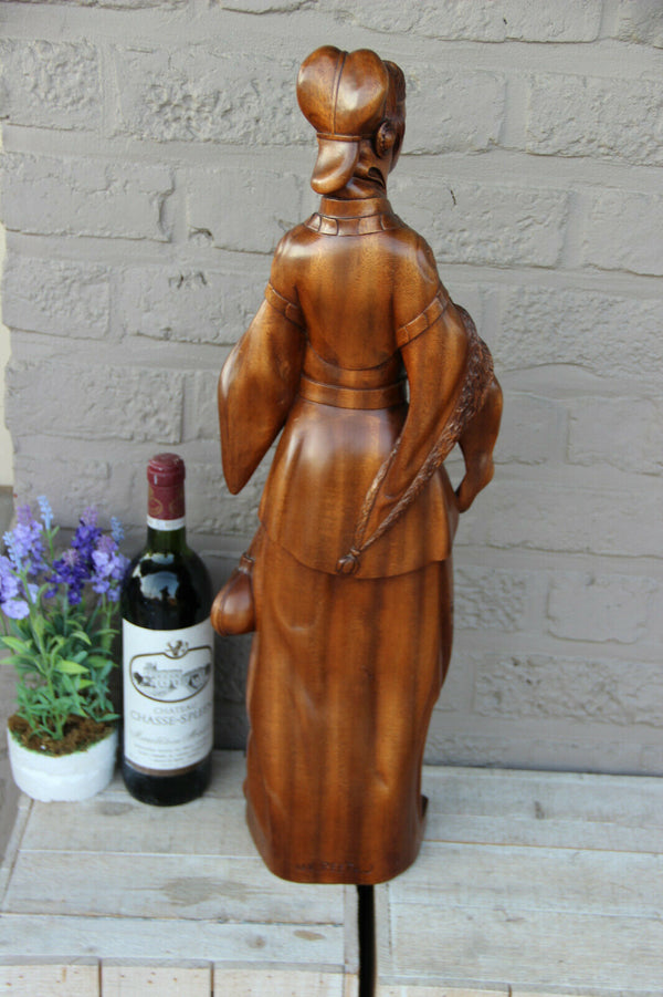 Antique XL Flemish wood carved statue Religious mary Burgundy signed artist