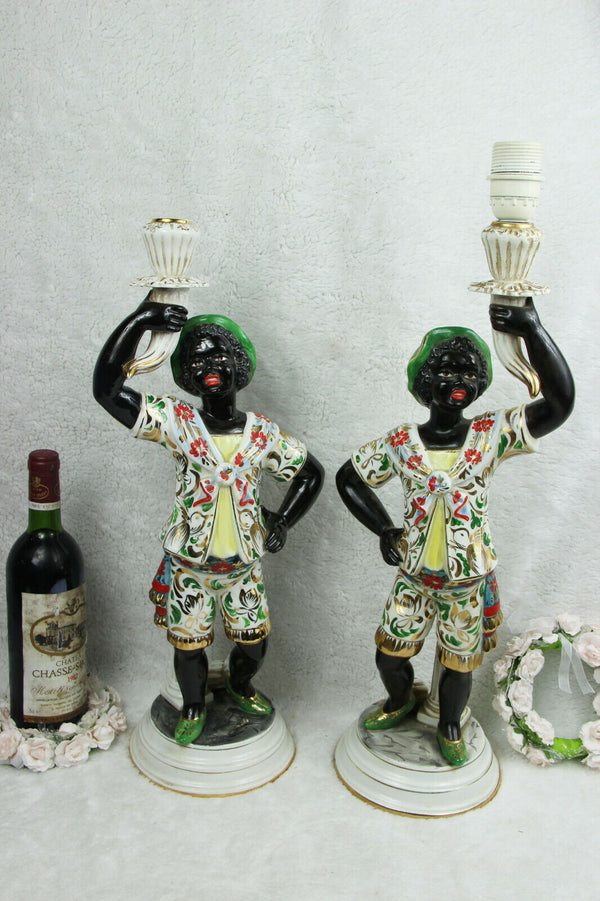 PAIR Italian Venetian Blackamoor faience porcelain Figurine table lamps 1950