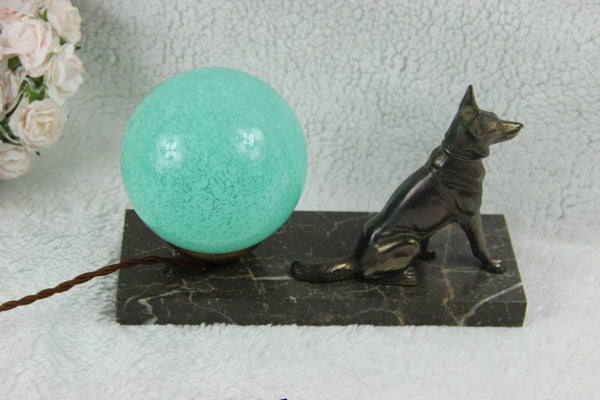 ART Deco German dog 1930 spelter bronze marble lamp signed