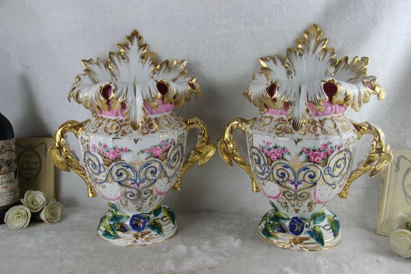 Pair large French antique 1900 Vieux paris porcelain Cornet Vases floral swans