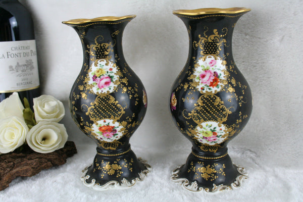 RARE!! Antique 19thC Vieux paris porcelain black fond vases aristrocat couple