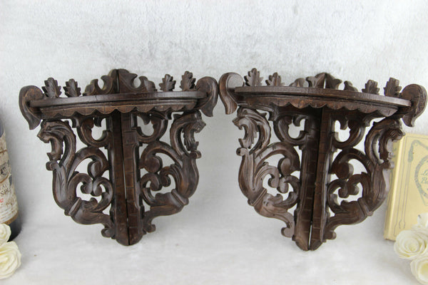 Antique pair German Black forest wood carved Dragon gothic wall consoles rare