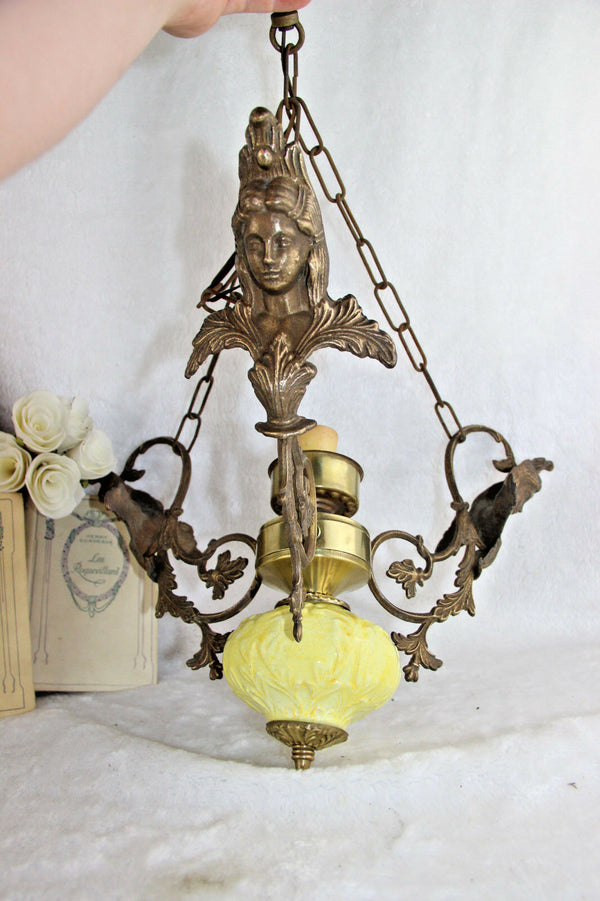 Antique French Faience porcelain brass Caryatid lady chandelier pendant 1930's