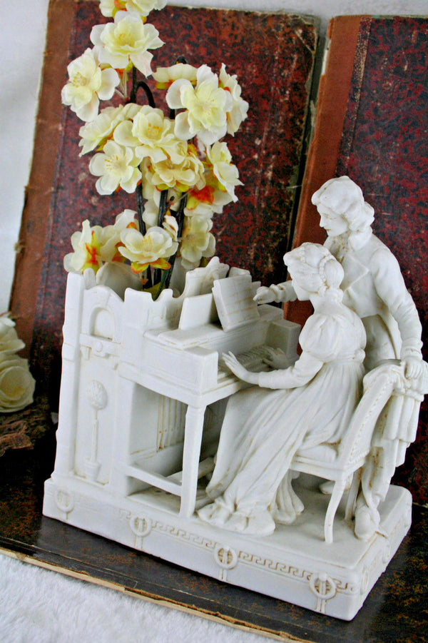 Rare antique French 1900 porcelain bisque planter vase music piano couple marked