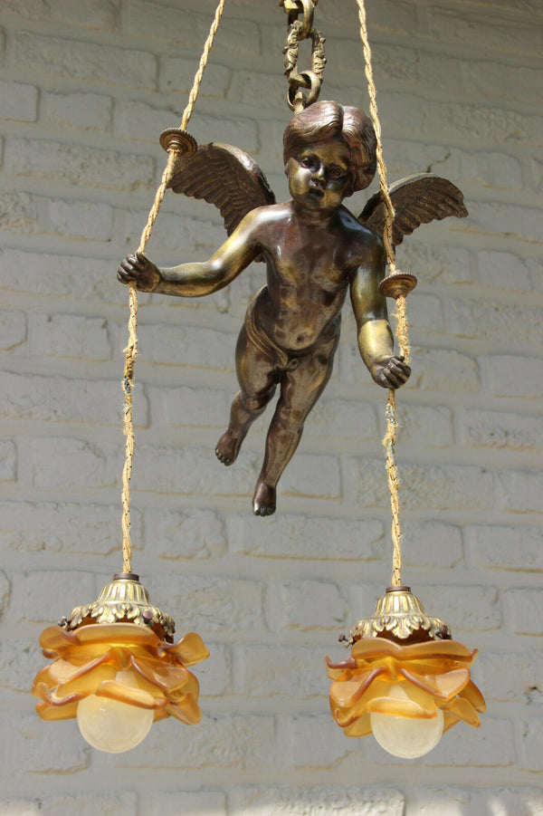 Antique French bronze angel putti pendant chandelier amber tulip shades 1900