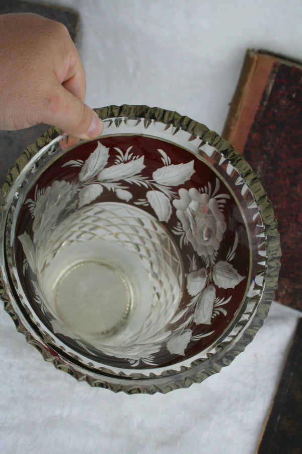 XL  Bohemian  Czech Red Crystal Glass Floral etched Vase rare model 60's