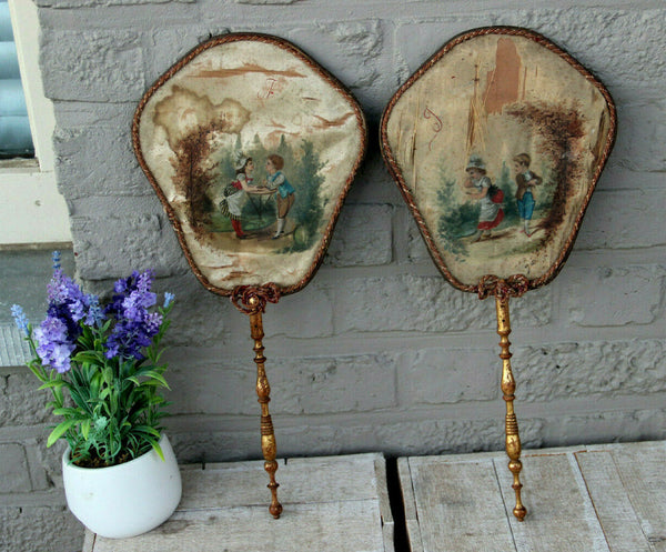 PAIR antique 19thc victorian Hand fireplace fan Silk romantic boy girl