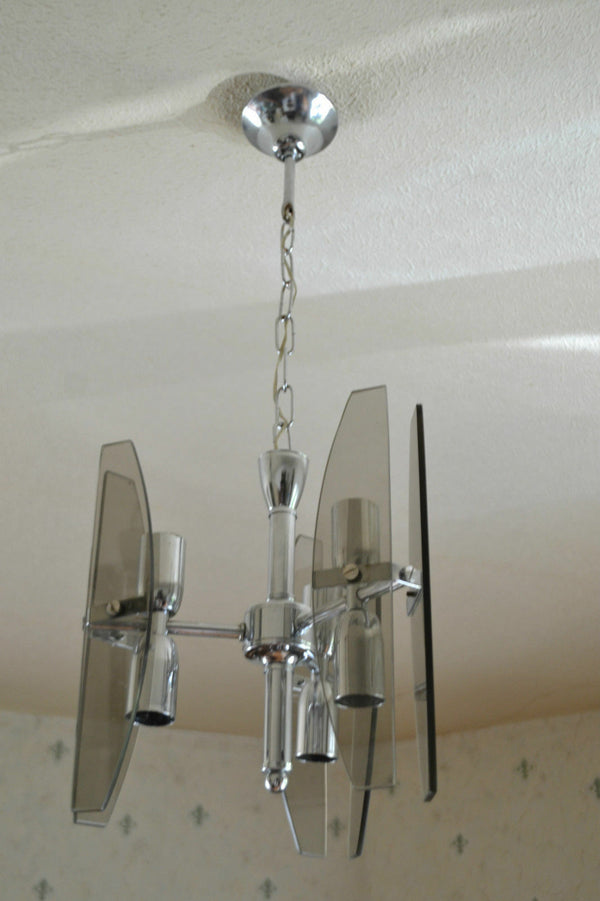 Fontana arte design mid century smoked glass 6 lights chandelier pendant 1960's
