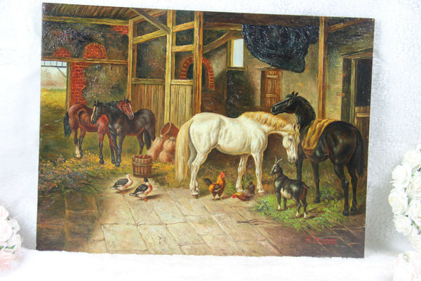 Flemish oil On panel painting farm stable scene horse chicken ducks animals 1960