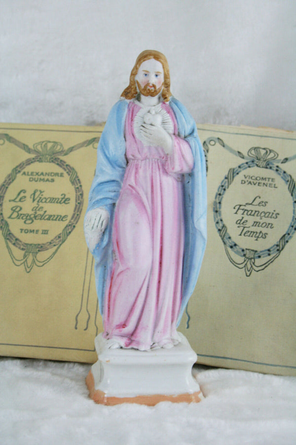 Antique French biscuit SACRED HEART JESUS Figurine religious pastel colours