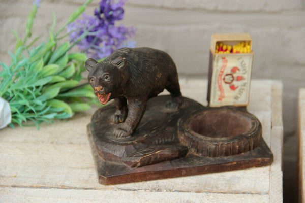 Antique German Black forest wood carved Ashtray matches holder set bear figurine