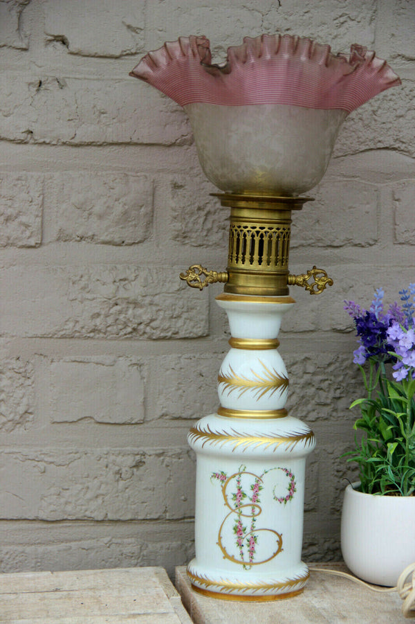 Antique French LIMOGES marked porcelain floral oil table lamp glass shade