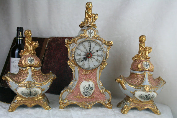 Belgian signed Guerin marked clock pottery faience putti cherubs  urns