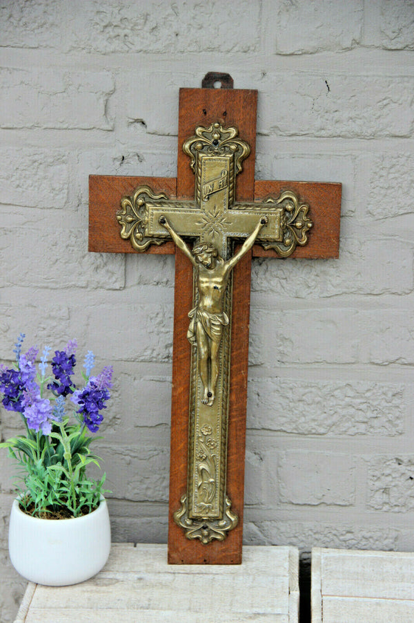 LARGE french antique Brass Wood Christ crucifix cross religious