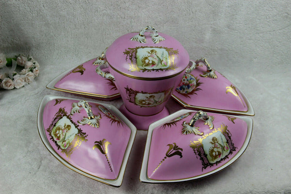 Rare French Porcelain Centerpiece Vase Tray Set putti floral pink limoges marked