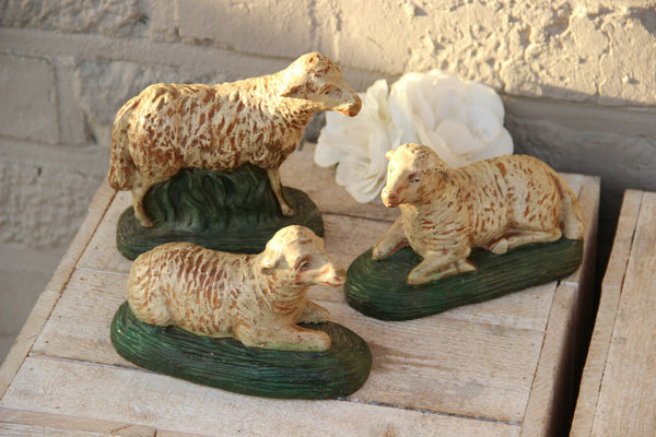 Antique set 3 Nativity animal Sheep plaster polychrome figurines statue
