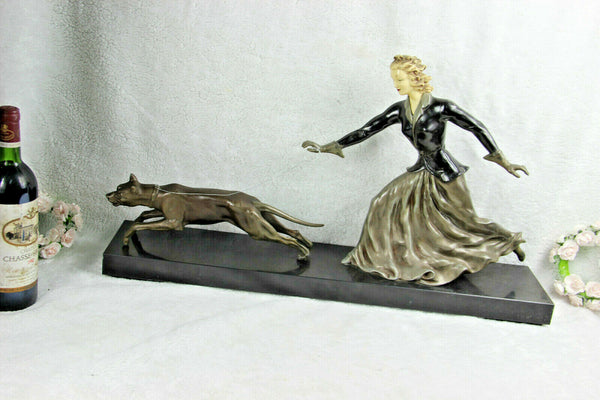XXL French ART DECO 1930 spelter bronze lady dog on leash marble base