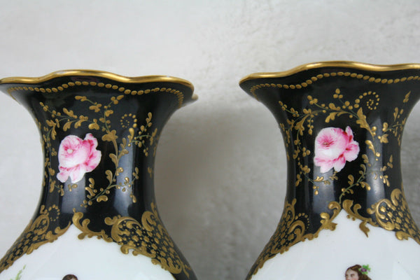 RARE!! Antique 19thC Vieux paris porcelain black fond vases aristrocat couple