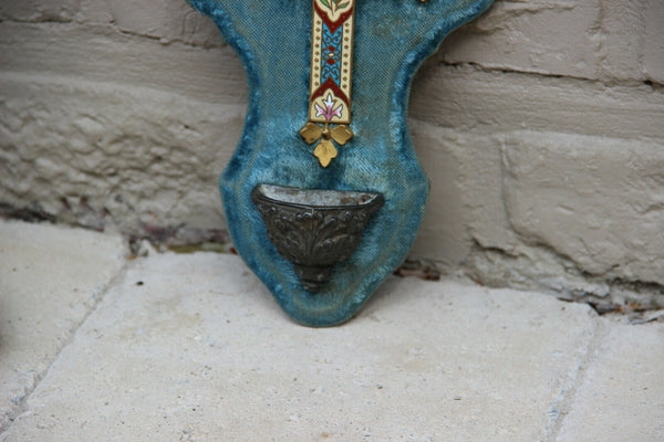 Antique French cloisonne enamel Crucifix holy water font turquoise velvet