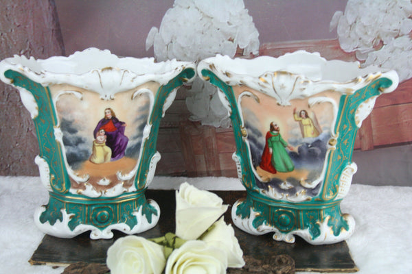 PAIR antique 1900 vieux old paris porcelain Religious Jesus Madonna vases scenes