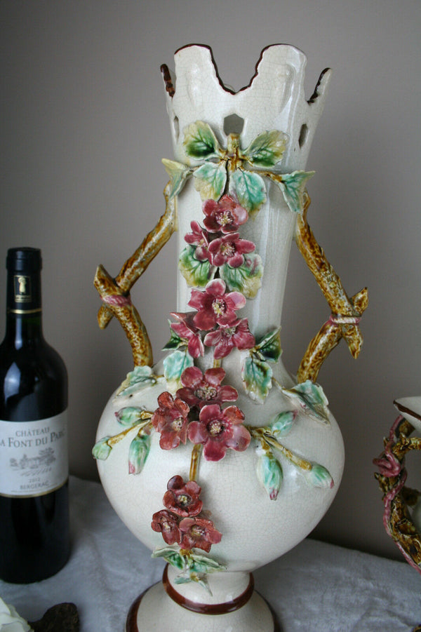 Huge Mantle set Barbotine majolica Garniture vases centerpiece set 1900 French