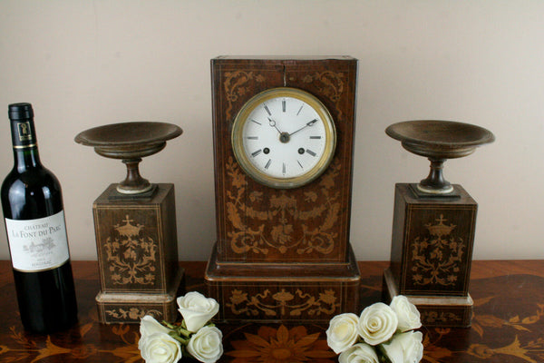 Gorgeous Antique 19th c French Marquetry inlaid Charles X wood clock set urns