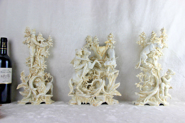 RARE 1900 French Bisque porcelain hunting set of 3 Vases lion panther scenes