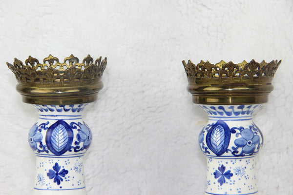 PAIR antique BOCH Pottery Delft blue white birds floral decor Vase candle holder