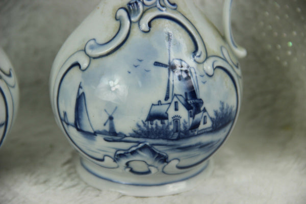 PAIR Delft blue white pottery oil vinegar pitcher vases mill sailing boat