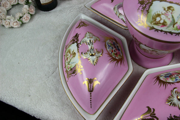 Rare French Porcelain Centerpiece Vase Tray Set putti floral pink limoges marked