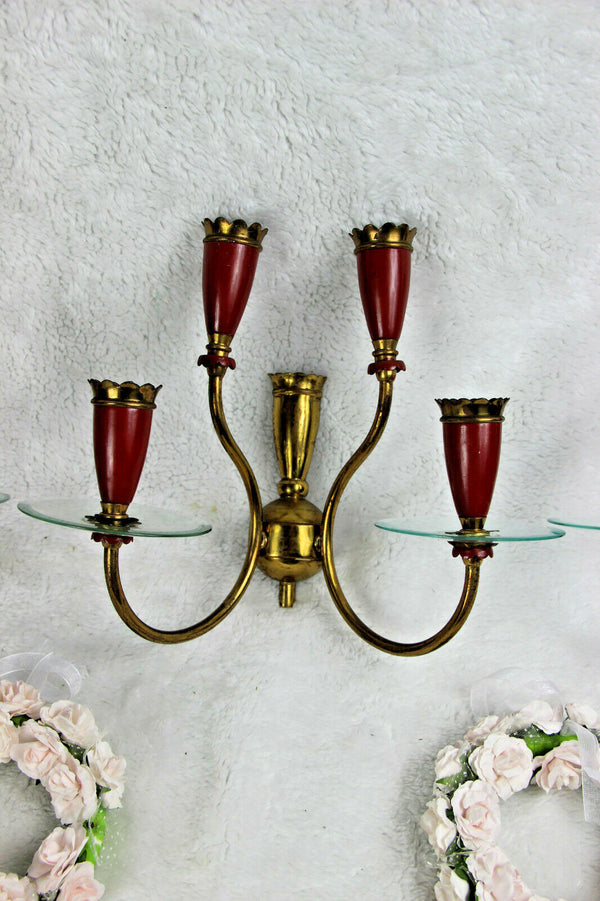 Set 3 Mid century vintage italian wall lights sconces burgundy red 4 arms 1970