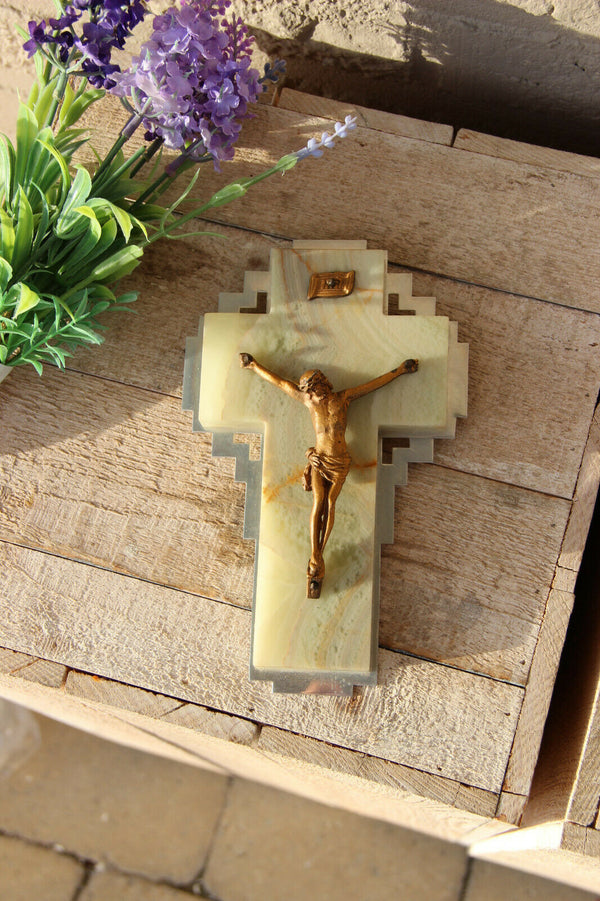 French vintage onyx marble metal chrome Christ crucifix cross religious