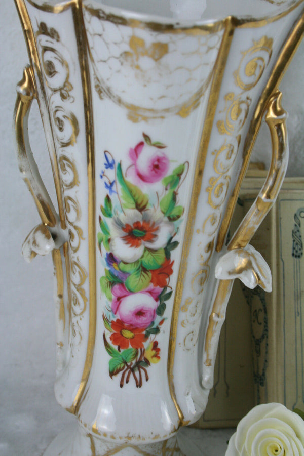 PAIR French OLD PARIS VIEUX porcelain Vases Gold gilt flower decoration