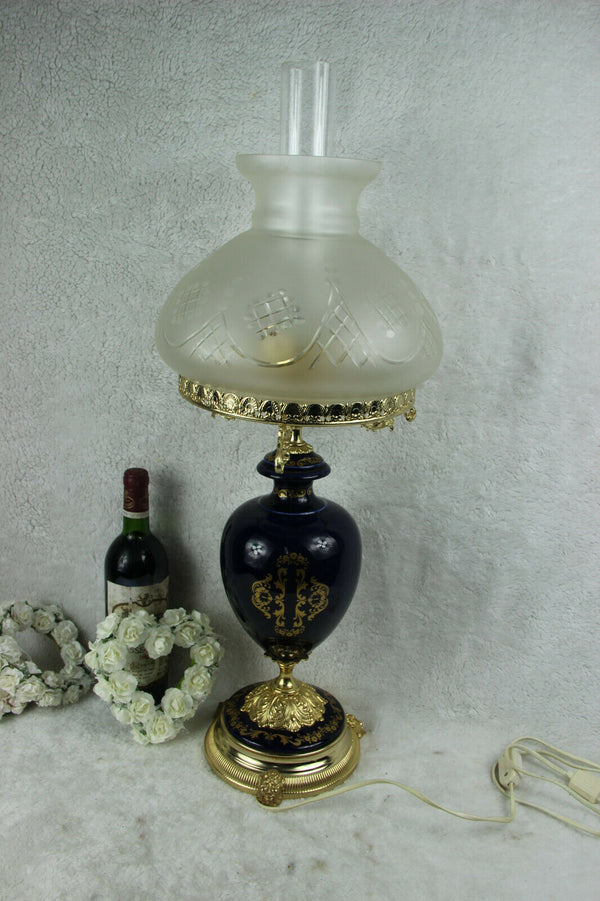 XL French limoges porcelainTable lamp glass shade 1960